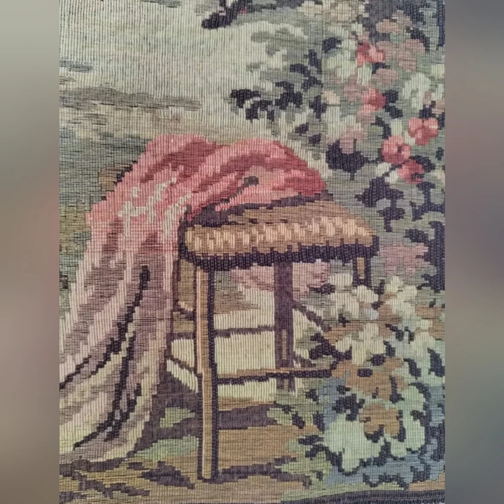 Antique Woven Tapestry Wall Hanging Romantic Baroque Painting Scene Belgium Wool